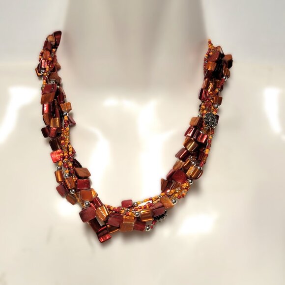 Iridescent Red Coral Floral Multi Strand Necklace With Earrings - Picture 3 of 13